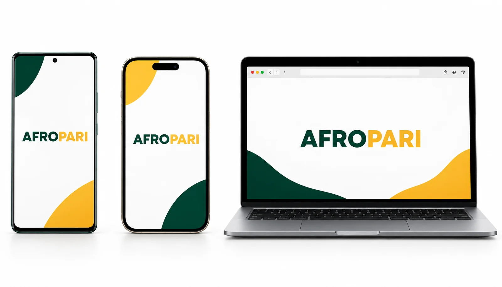 Two phones and a laptop representing Android, iPhone and browser access to Afropari.